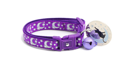 Silver Moons and Stars on Dark Purple Cat Collar